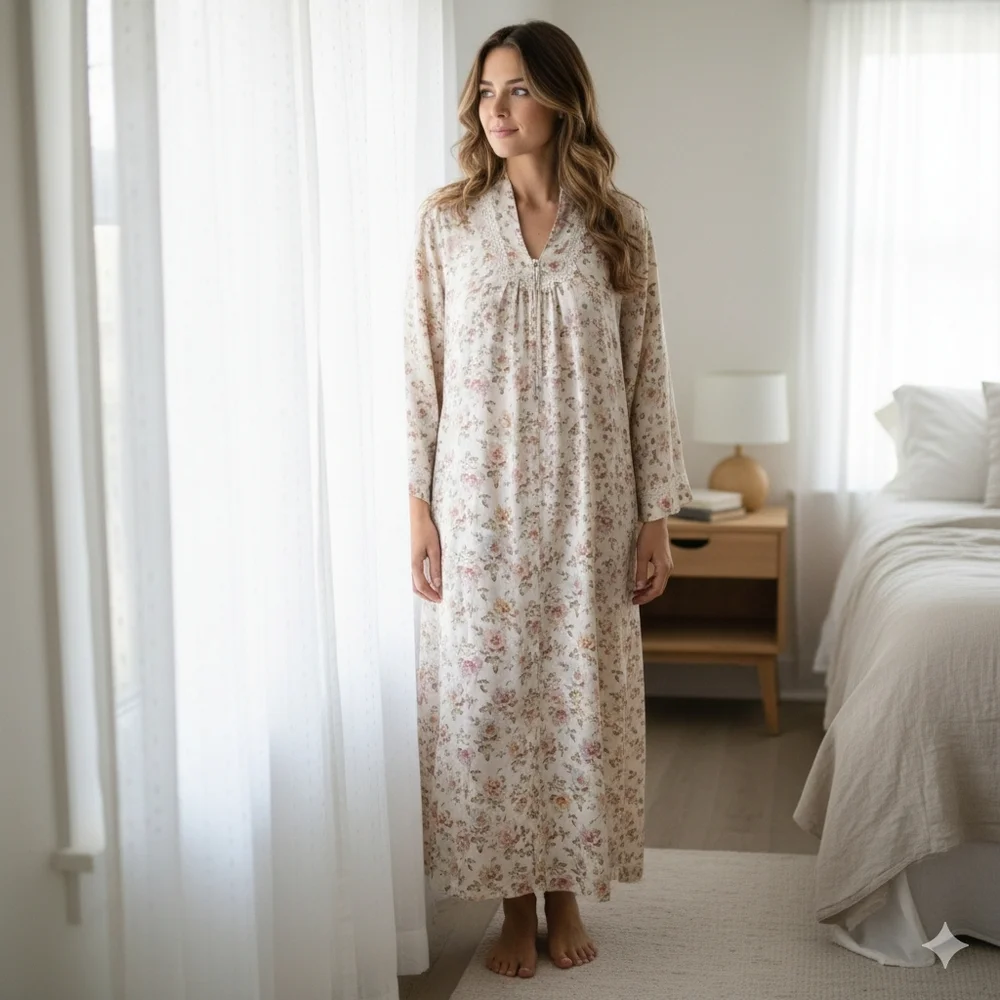 Vintage Christian Dior Long Night Gown Satin Robe Grandma Style Floral Size L - Picture 2 of 12